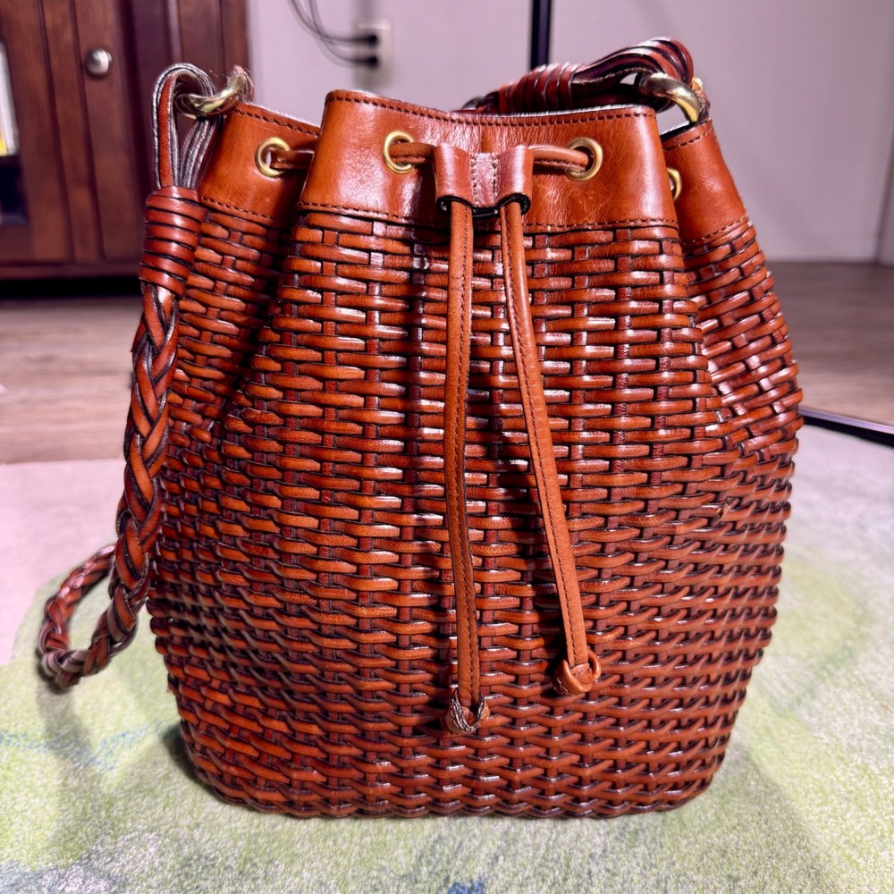 Talbots Cognac Brown Woven Leather Bucket Bag Drawstring Braided Strap Vintage